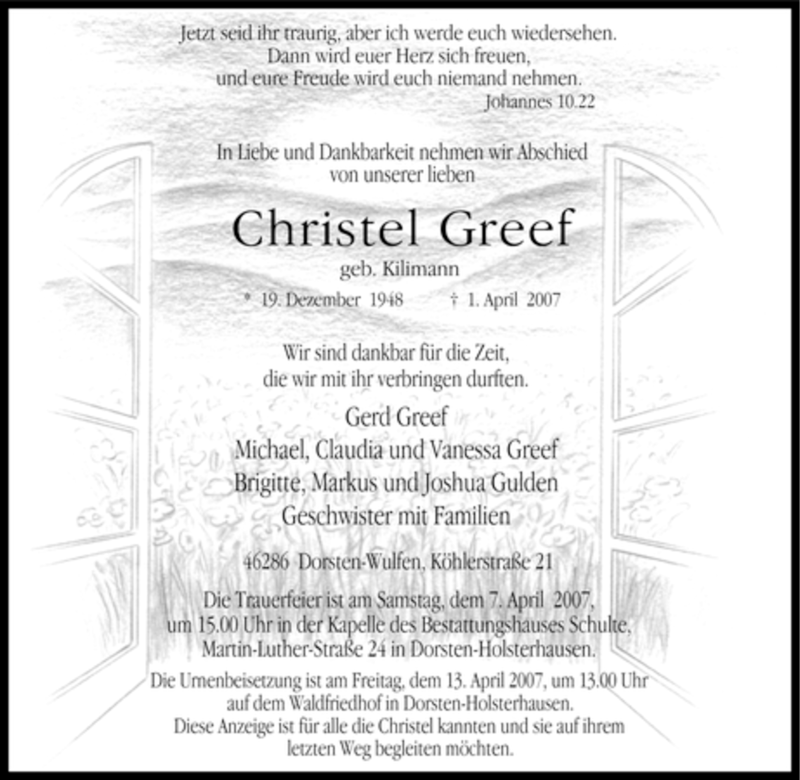  Traueranzeige für Christel Greef vom 05.04.2007 aus Tageszeitung