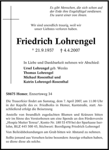 Traueranzeige von Friedrich Lohrengel von Tageszeitung