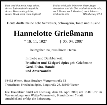 Traueranzeige von Hannelotte Grießmann von Tageszeitung