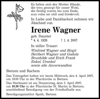 Traueranzeige von Irene Wagner von Tageszeitung