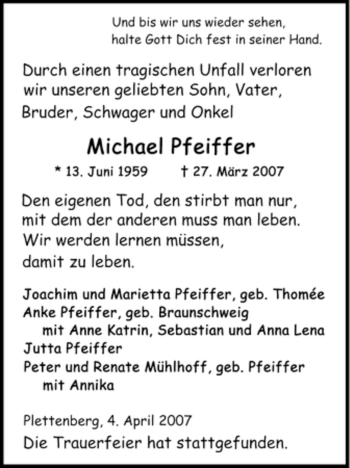 Traueranzeige von Michael Pfeiffer von Tageszeitung