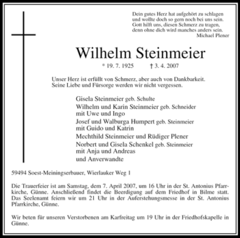 Traueranzeige von Wilhelm Steinmeier von Tageszeitung