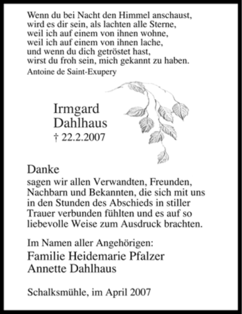 Traueranzeige von Irmgard Dahlhaus von Tageszeitung