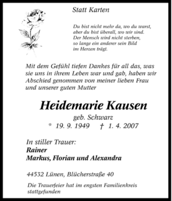 Traueranzeige von Heidemarie Kausen von Tageszeitung