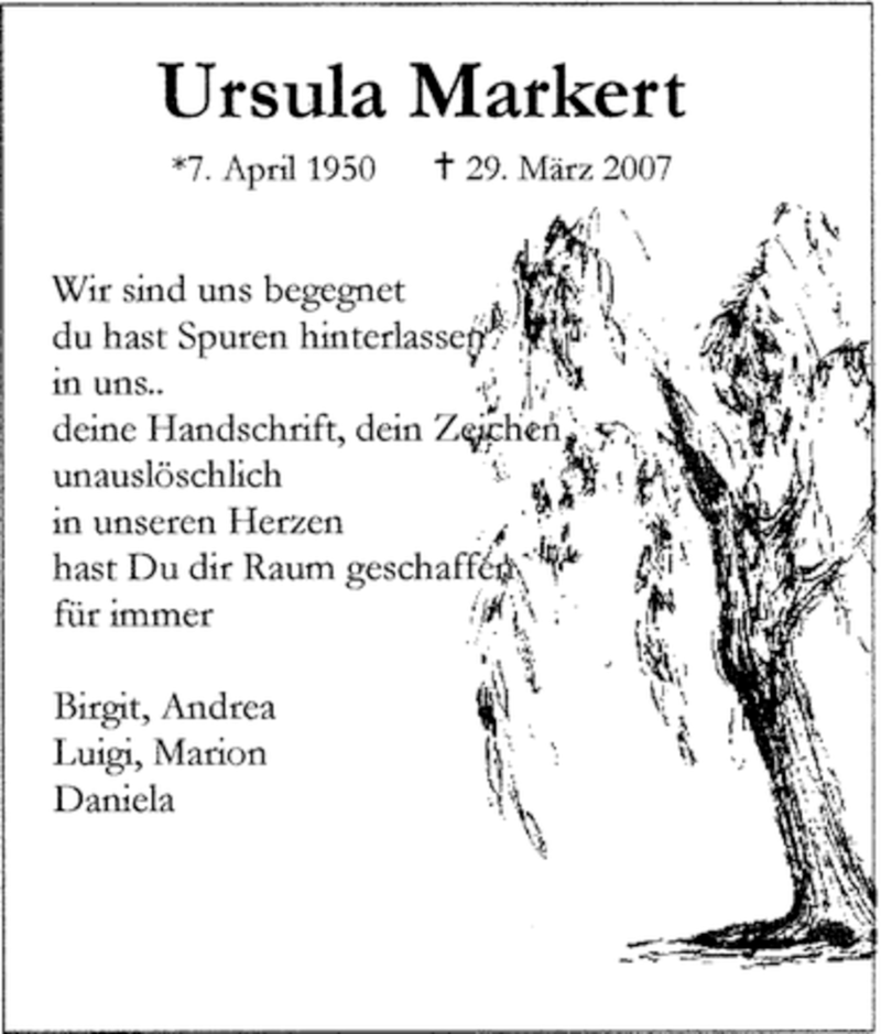  Traueranzeige für Ursula Markert vom 07.04.2007 aus Tageszeitung