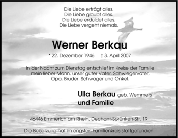Traueranzeige von Werner Berkau von Tageszeitung