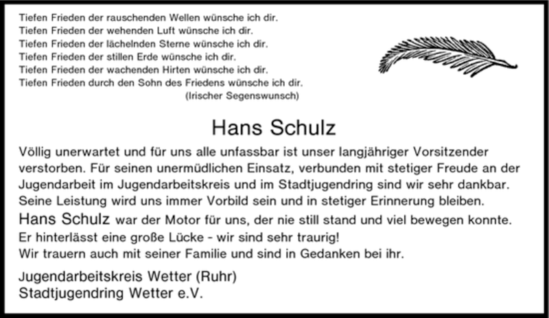  Traueranzeige für Hans Schulz vom 07.04.2007 aus Tageszeitung