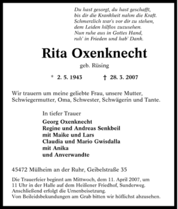 Traueranzeige von Rita Oxenknecht von Tageszeitung