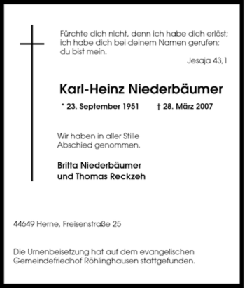 Traueranzeige von Karl-Heinz Niederbäumer von Tageszeitung