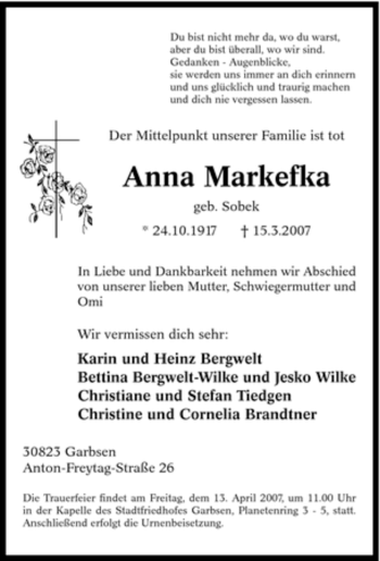 Traueranzeige von Anna Markefka von Tageszeitung