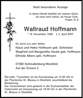 Traueranzeige von Waltraud Hoffmann von Tageszeitung