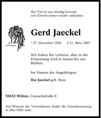 Traueranzeige von Gerd Jaeckel von Tageszeitung