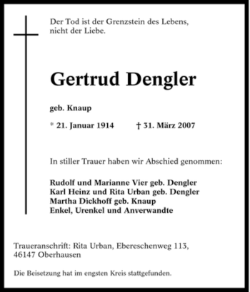 Traueranzeige von Gertrud Dengler von Tageszeitung