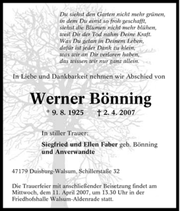 Traueranzeige von Werner Bönning von Tageszeitung