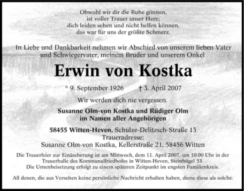 Traueranzeige von Erwin von Kostka von Tageszeitung