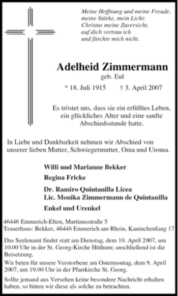 Traueranzeige von Adelheid Zimmermann von Tageszeitung