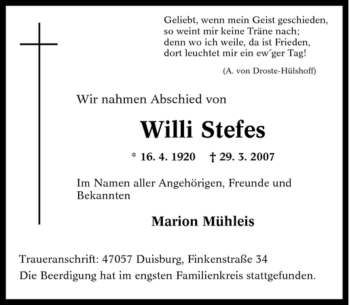 Traueranzeige von Willi Stefes von Tageszeitung