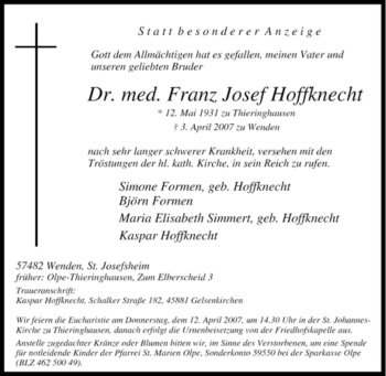 Traueranzeige von Franz Josef Hoffknecht von Tageszeitung