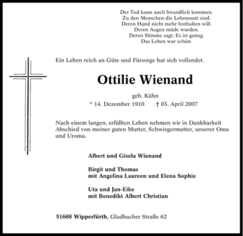 Traueranzeige von Ottilie Wienand von Tageszeitung