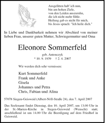 Traueranzeige von Eleonore Sommerfeld von Tageszeitung