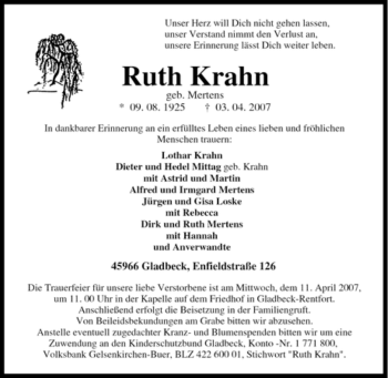 Traueranzeige von Ruth Krahn von Tageszeitung