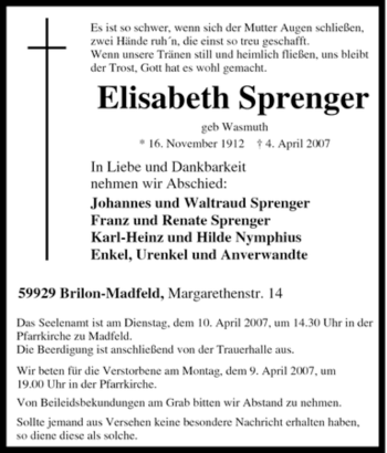 Traueranzeige von Elisabeth Sprenger von Tageszeitung
