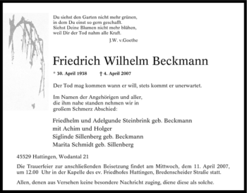 Traueranzeige von Friedrich Wilhelm Beckmann von Tageszeitung