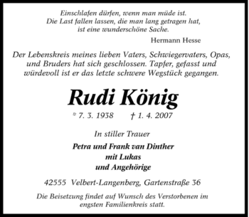 Traueranzeige von Rudi König von Tageszeitung