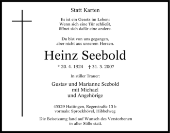 Traueranzeige von Heinz Seebold von Tageszeitung