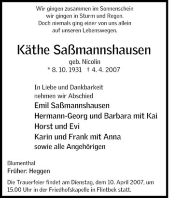 Traueranzeige von Käthe Saßmannshausen von Tageszeitung