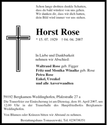 Traueranzeige von Horst Rose von Tageszeitung