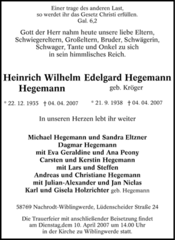 Traueranzeige von Heinrich Wilhelm Hegemann von Tageszeitung