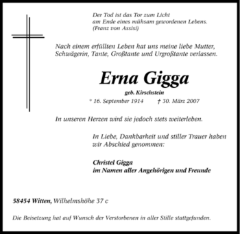 Traueranzeige von Erna Gigga von Tageszeitung