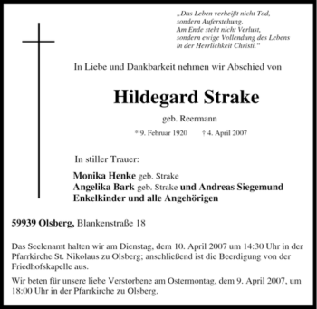 Traueranzeige von Hildegard Strake von Tageszeitung