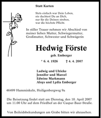 Traueranzeige von Hedwig Förste von Tageszeitung