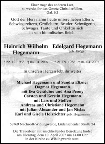 Traueranzeige von Heinrich Wilhelm Hegemann von Tageszeitung