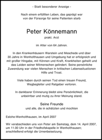 Traueranzeige von Peter Könnemann von Tageszeitung