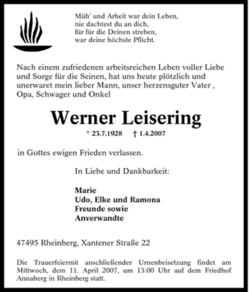 Traueranzeige von Werner Leisering von Tageszeitung