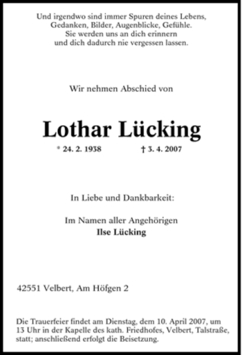 Traueranzeige von Lothar Lücking von Tageszeitung