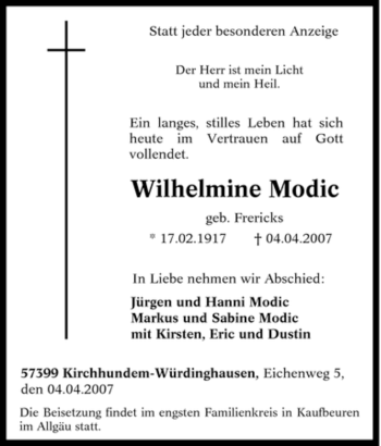 Traueranzeige von Wilhelmine Modic von Tageszeitung