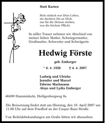 Traueranzeige von Hedwig Förste von Tageszeitung