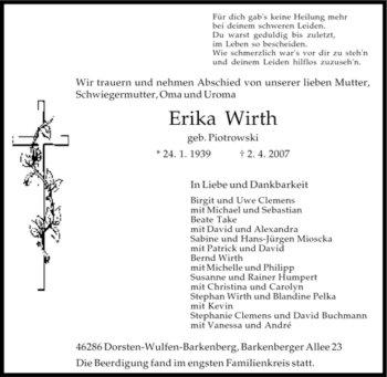 Traueranzeige von Erika Wirth von Tageszeitung