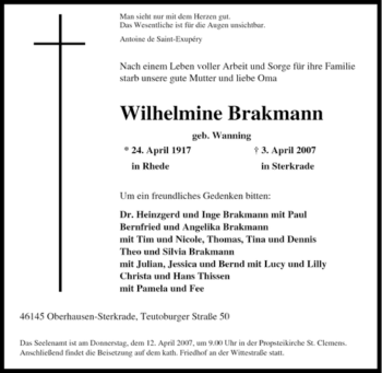Traueranzeige von Wilhelmine Brakmann von Tageszeitung
