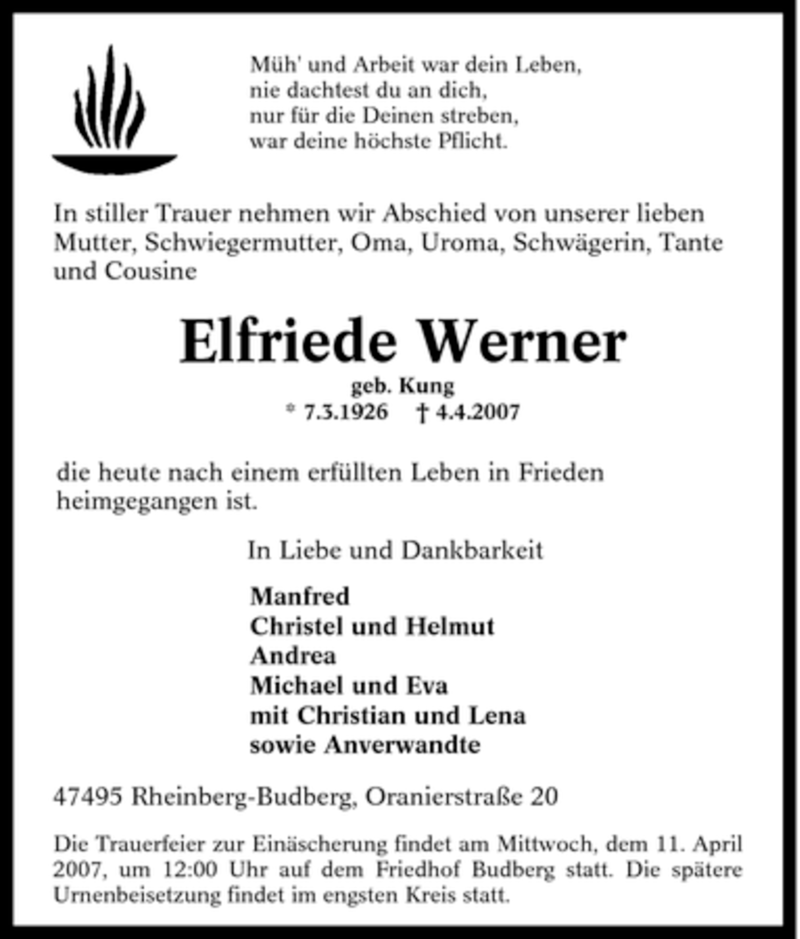  Traueranzeige für Elfriede Werner vom 07.04.2007 aus Tageszeitung