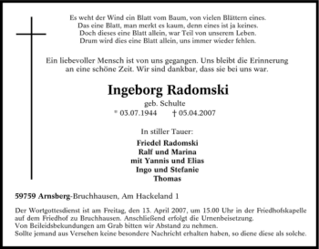 Traueranzeige von Ingeborg Radomski von Tageszeitung