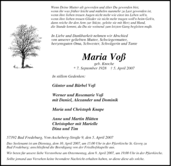 Traueranzeige von Maria Voß von Tageszeitung