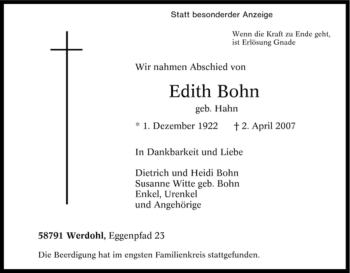 Traueranzeige von Edith Bohn von Tageszeitung