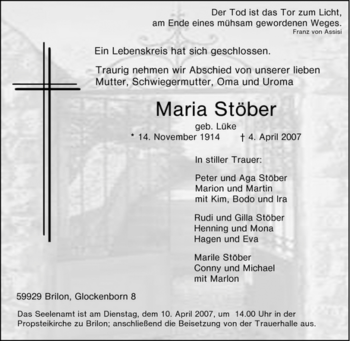Traueranzeige von Maria Stöber von Tageszeitung