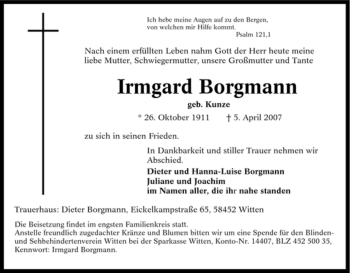 Traueranzeige von Irmgard Borgmann von Tageszeitung