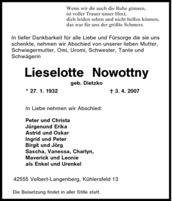 Traueranzeige von Lieselotte Nowottny von Tageszeitung
